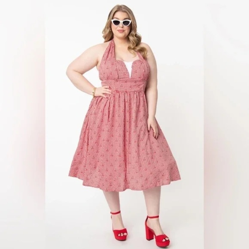 Unique Vintage Sheila Gingham & Cherry Swing Dress - Red